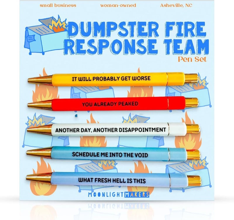 Moonlight Makers - Set of 5 Ballpoint Pens Black Ink- Engraved Funny Pens for Adults - Dumpster Fire Response Team Adult Gifts - Ideal Desk Decor for Work & Office Desk - Cute Packaging, Handy Clips - Image 1